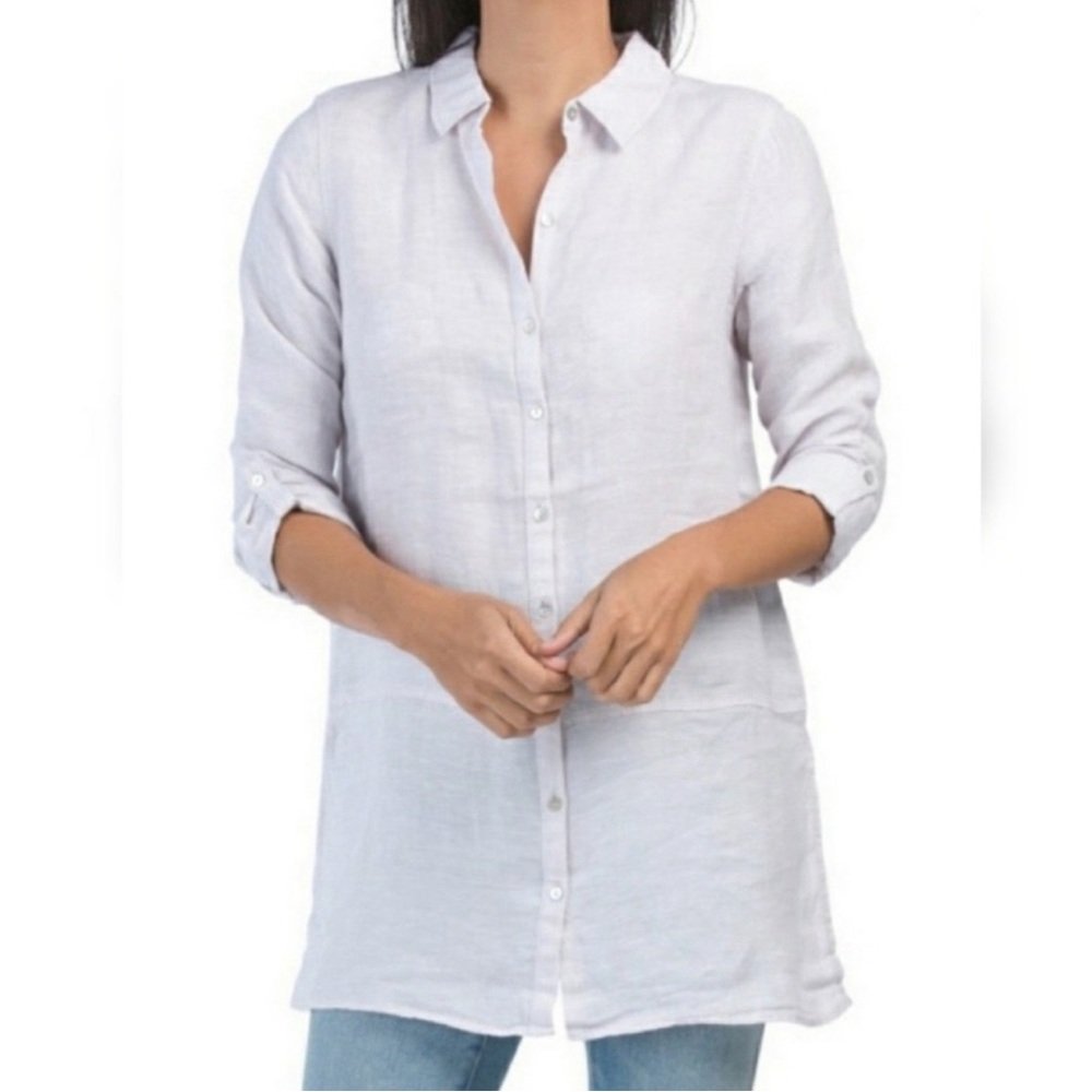 Tahari Essentials 100% Linen White Button Down Tunic Top Women’s Large